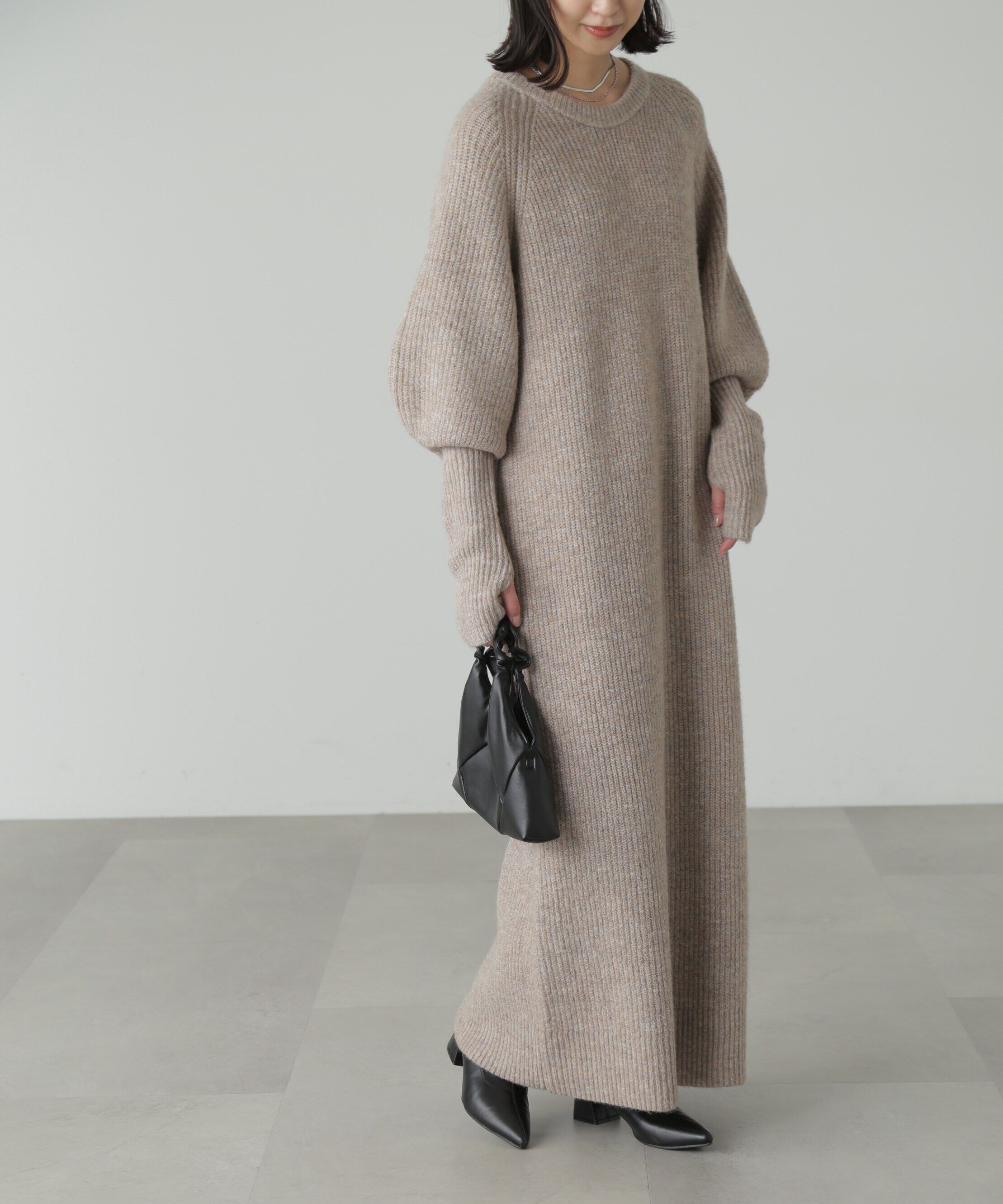  「ボリュームスリーブ畦ニットワンピース」|ワンピース|