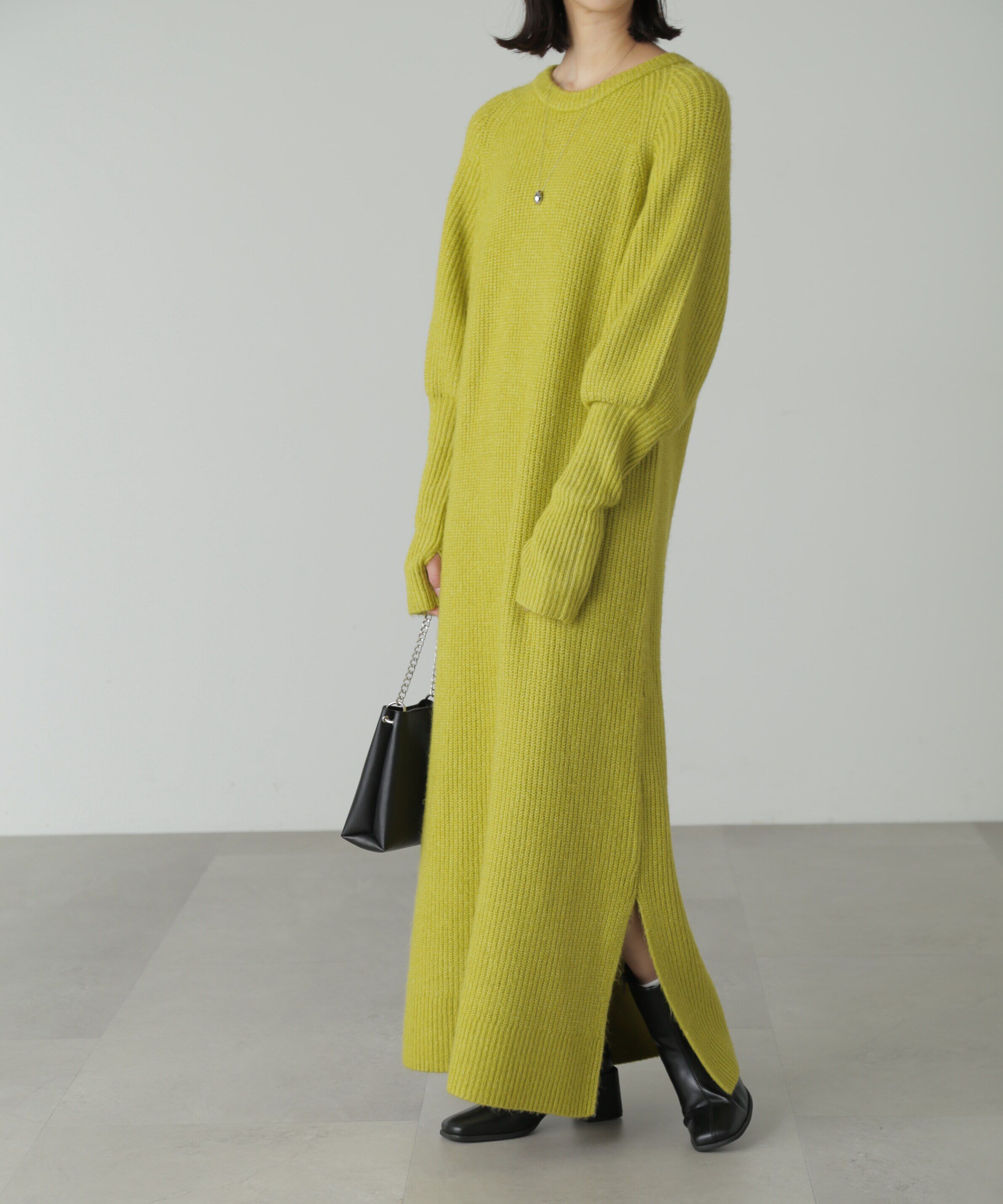  「ボリュームスリーブ畦ニットワンピース」|ワンピース|グリーン