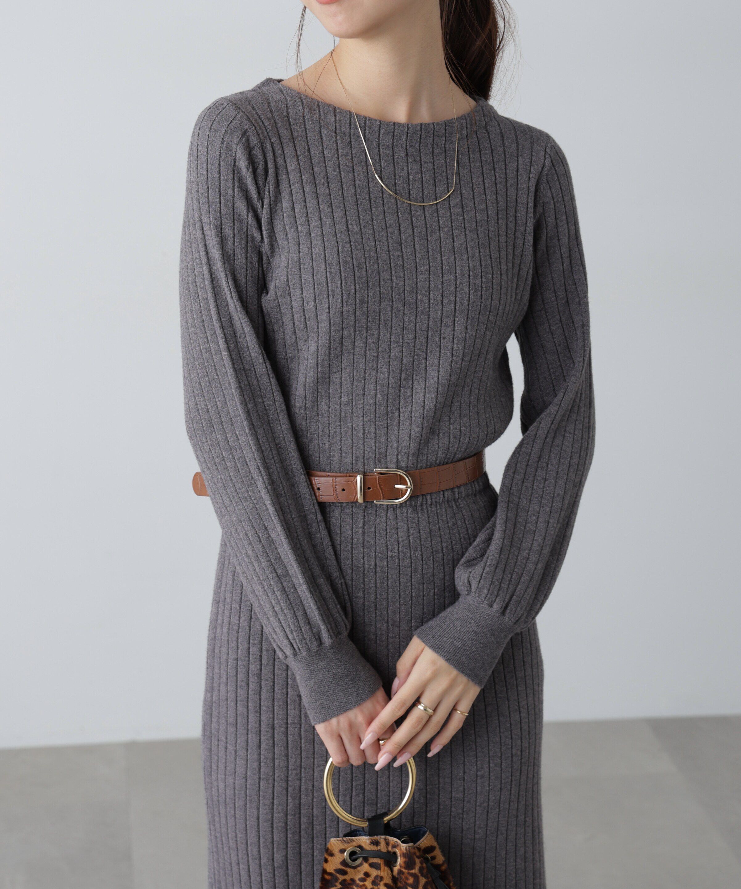  「ボートネックニットワンピース」|ワンピース|グレー