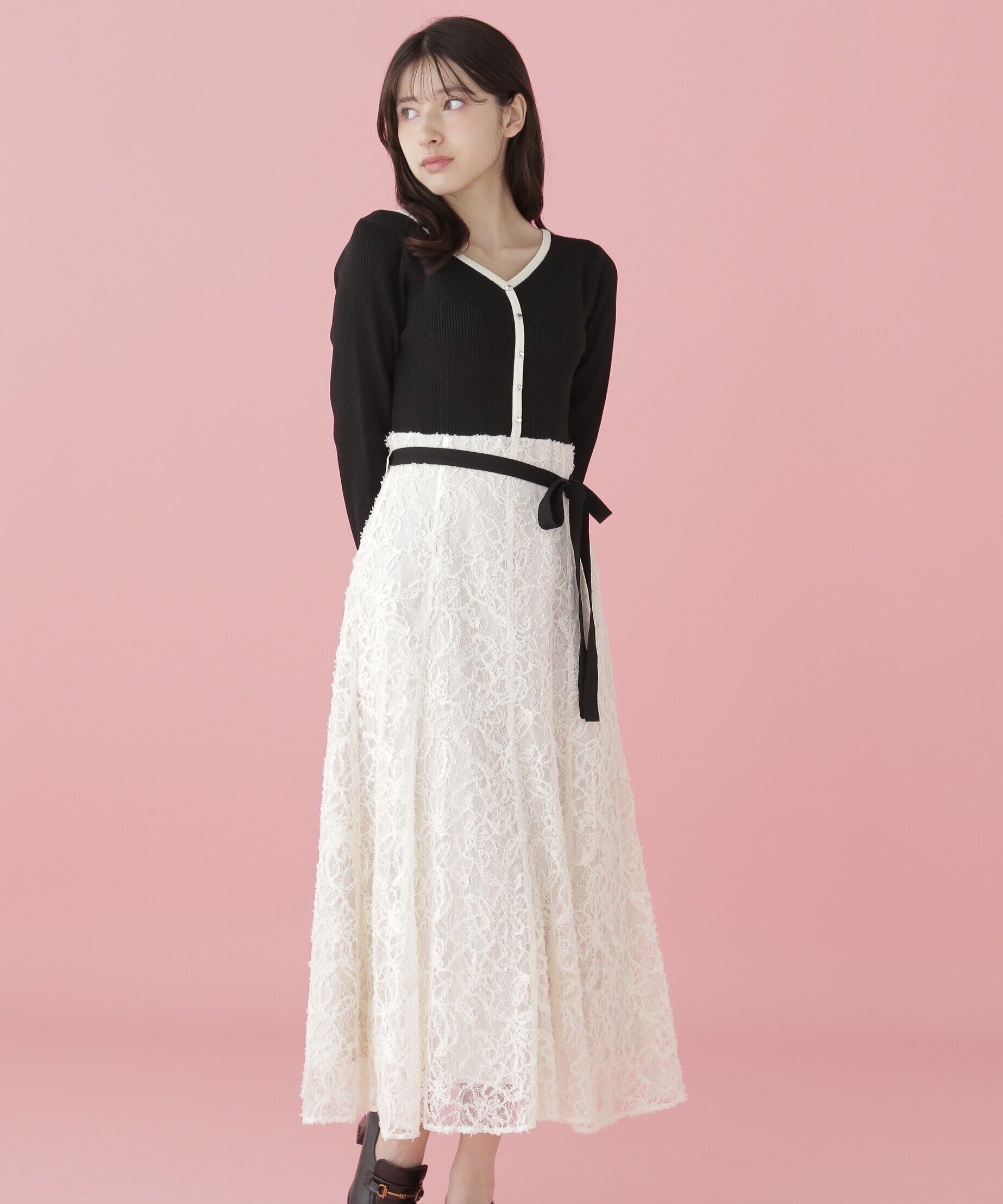  「モール刺繍レースドッキングワンピース」|ワンピース|