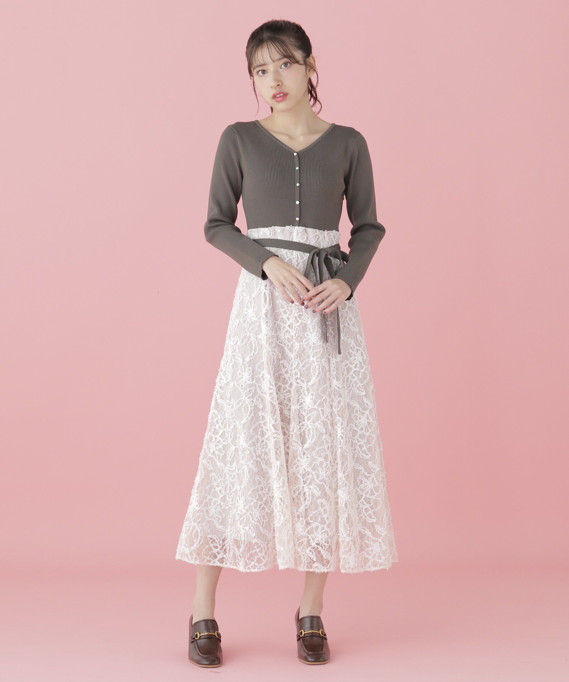  「モール刺繍レースドッキングワンピース」|ワンピース|ピンク