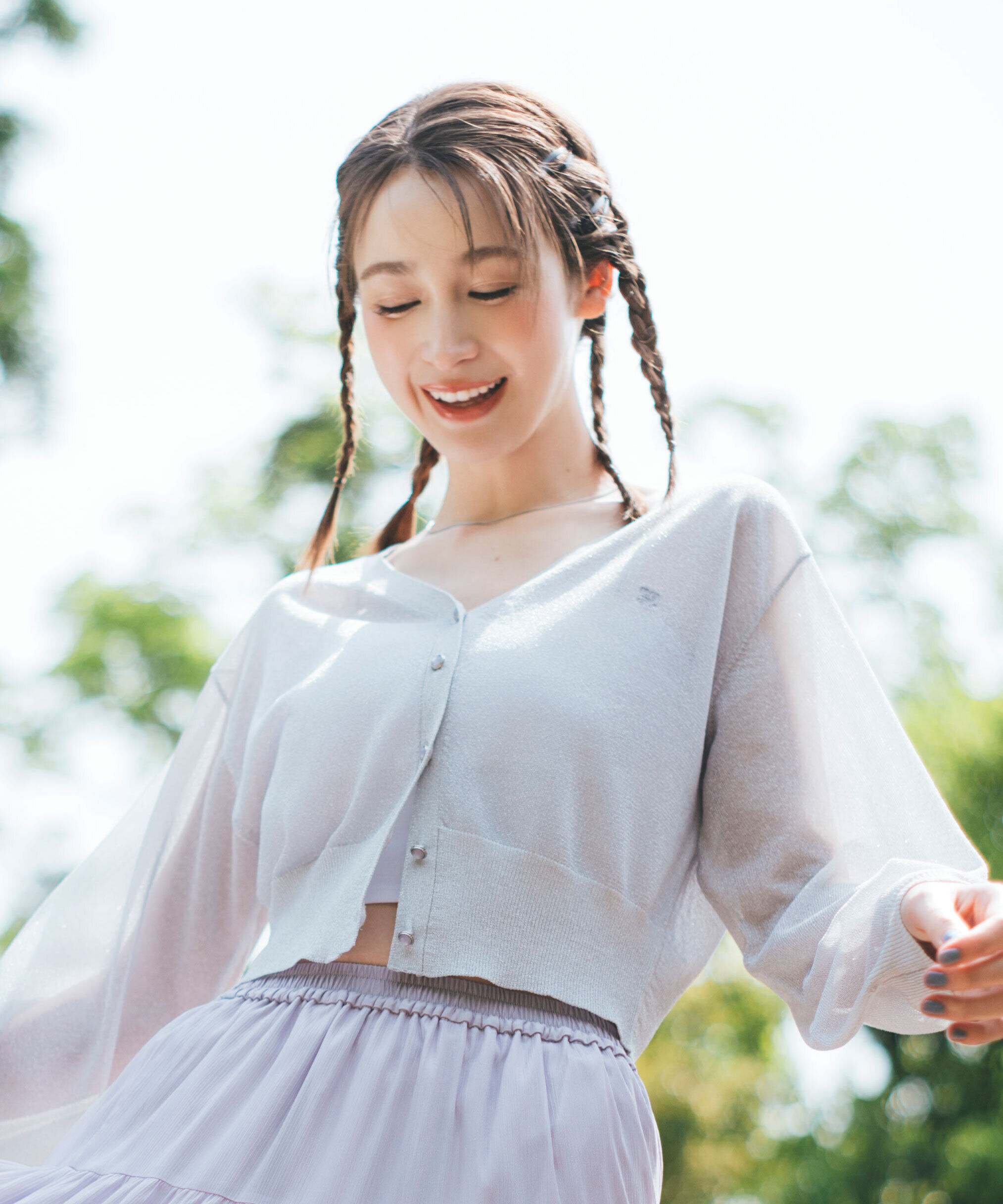  「シャイニーシアーカーディガン」|ニット・セーター|グレー