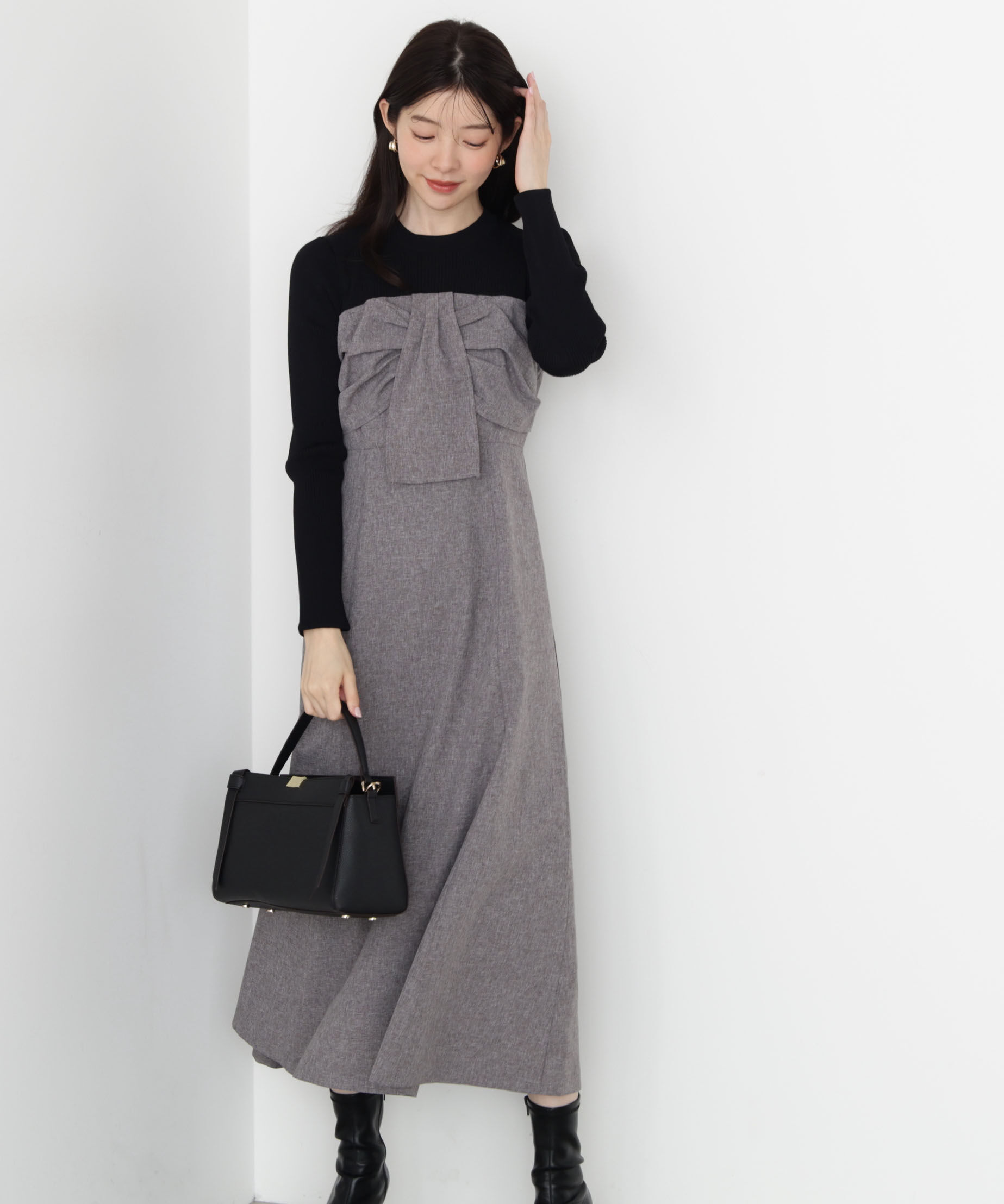 美品　PROPORTION フロントリボンドッキングワンピース PROPORTION BODY DRESSING（プロポーションボディドレッシング