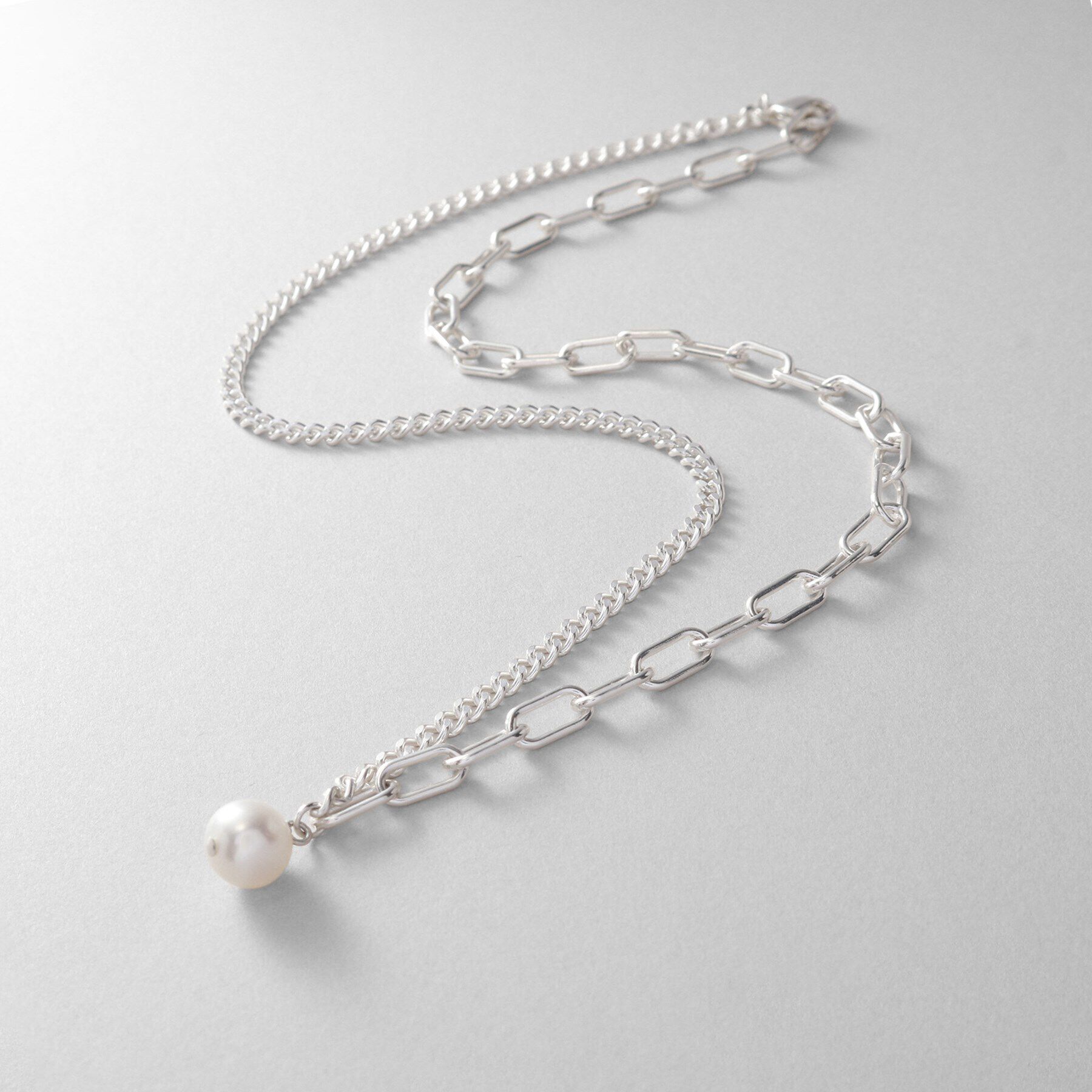 COCOSHNIK ONKITSCH「シルバー ミックスチェーン ケーブル・カーブ パールネックレス」|ネックレス|