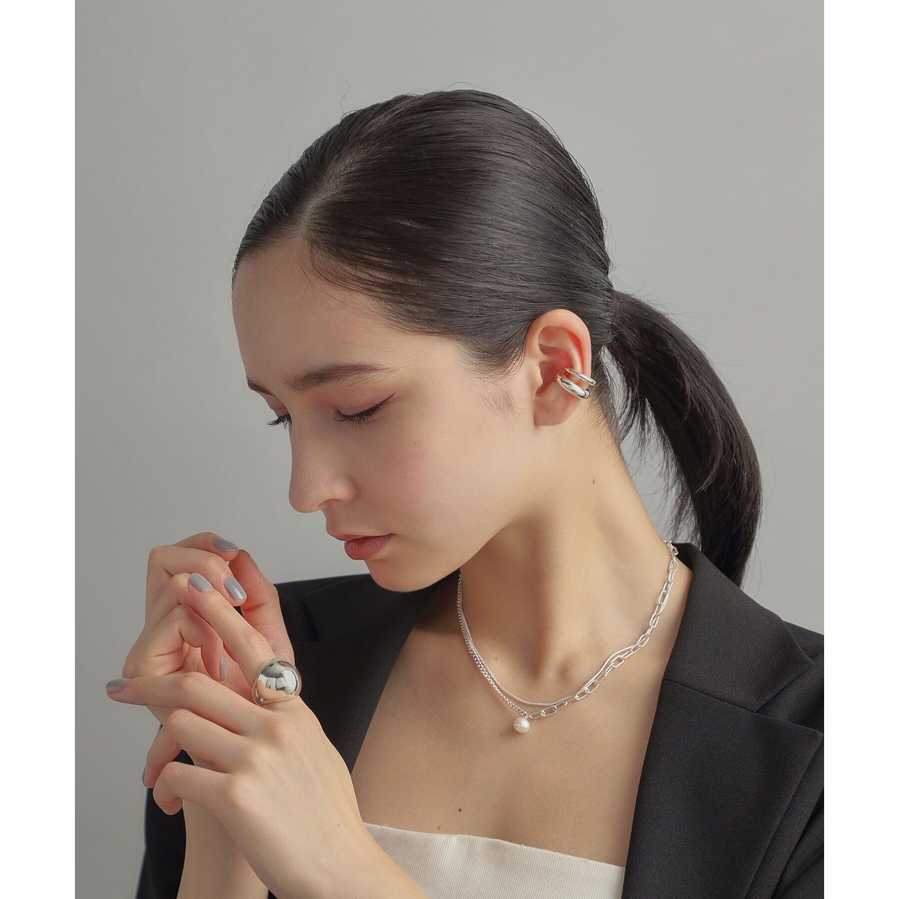 COCOSHNIK ONKITSCH「シルバー ミックスチェーン ケーブル・カーブ パールネックレス」|ネックレス|