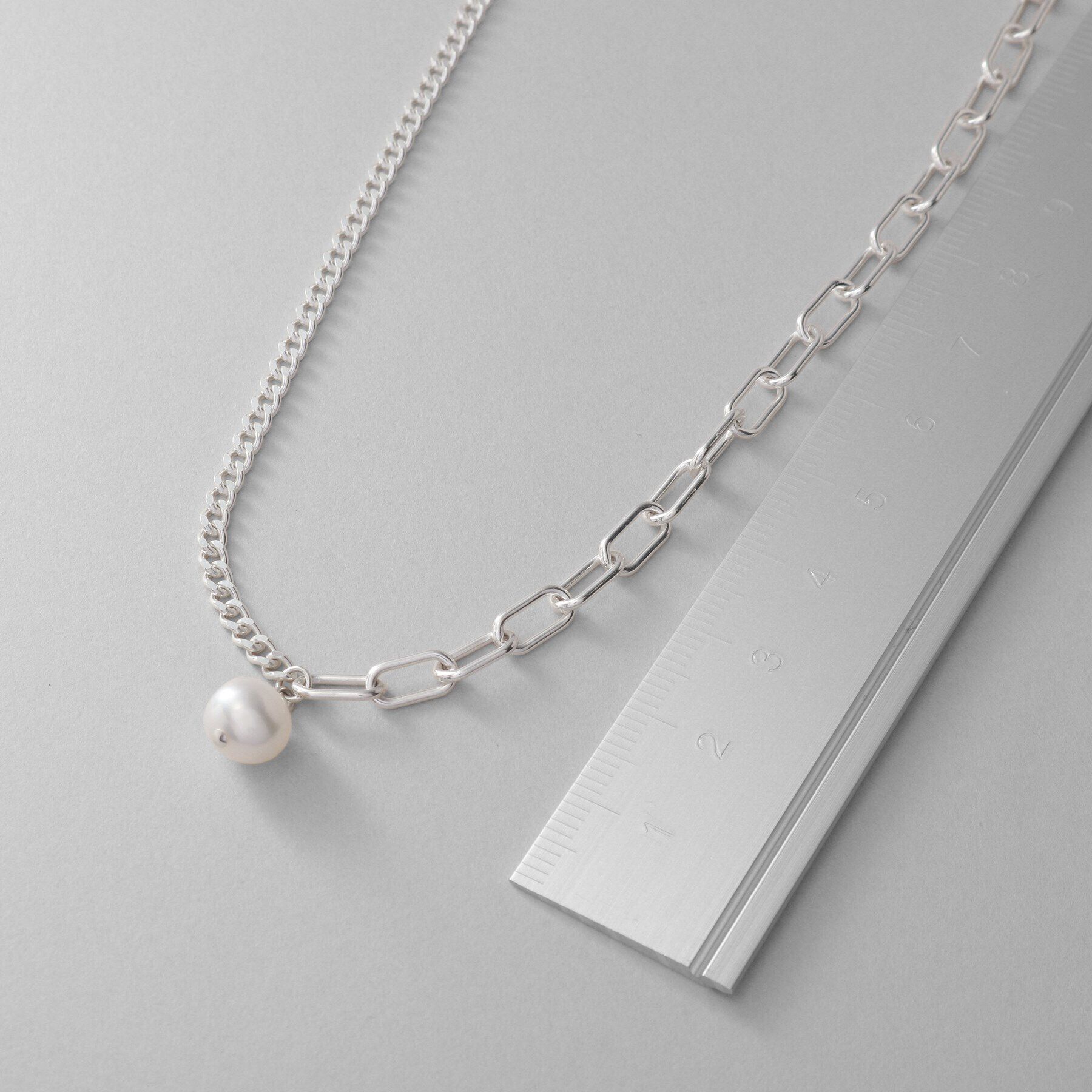 COCOSHNIK ONKITSCH「シルバー ミックスチェーン ケーブル・カーブ パールネックレス」|ネックレス|