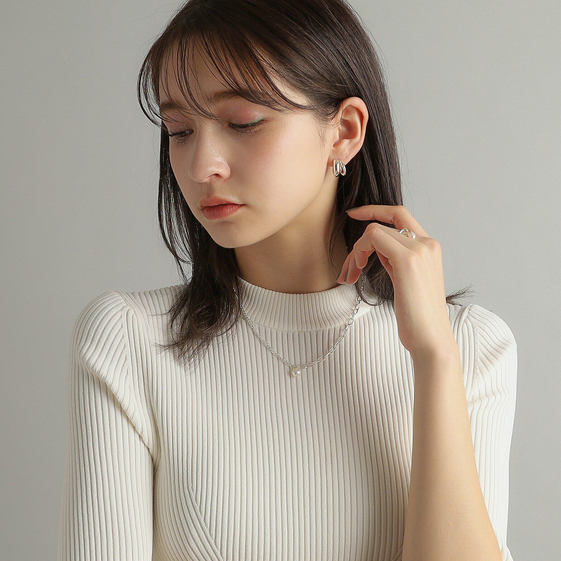 COCOSHNIK ONKITSCH「シルバー ミックスチェーン ケーブル・カーブ パールネックレス」|ネックレス|