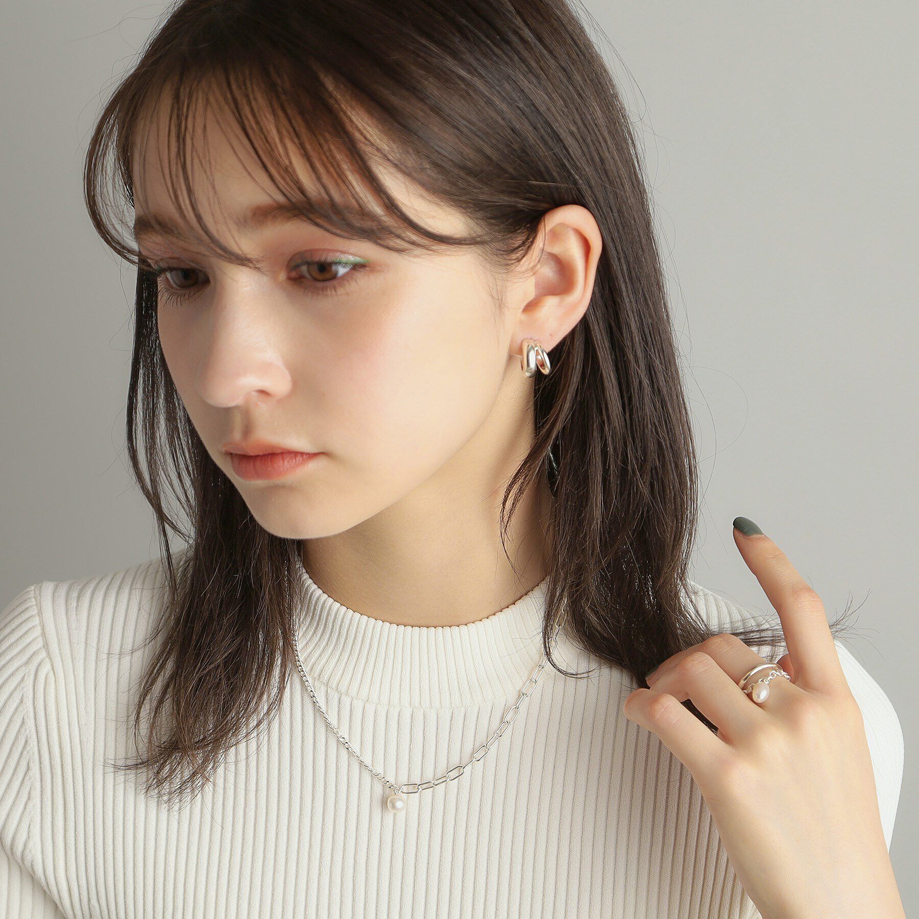 COCOSHNIK ONKITSCH「シルバー ミックスチェーン ケーブル・カーブ パールネックレス」|ネックレス|