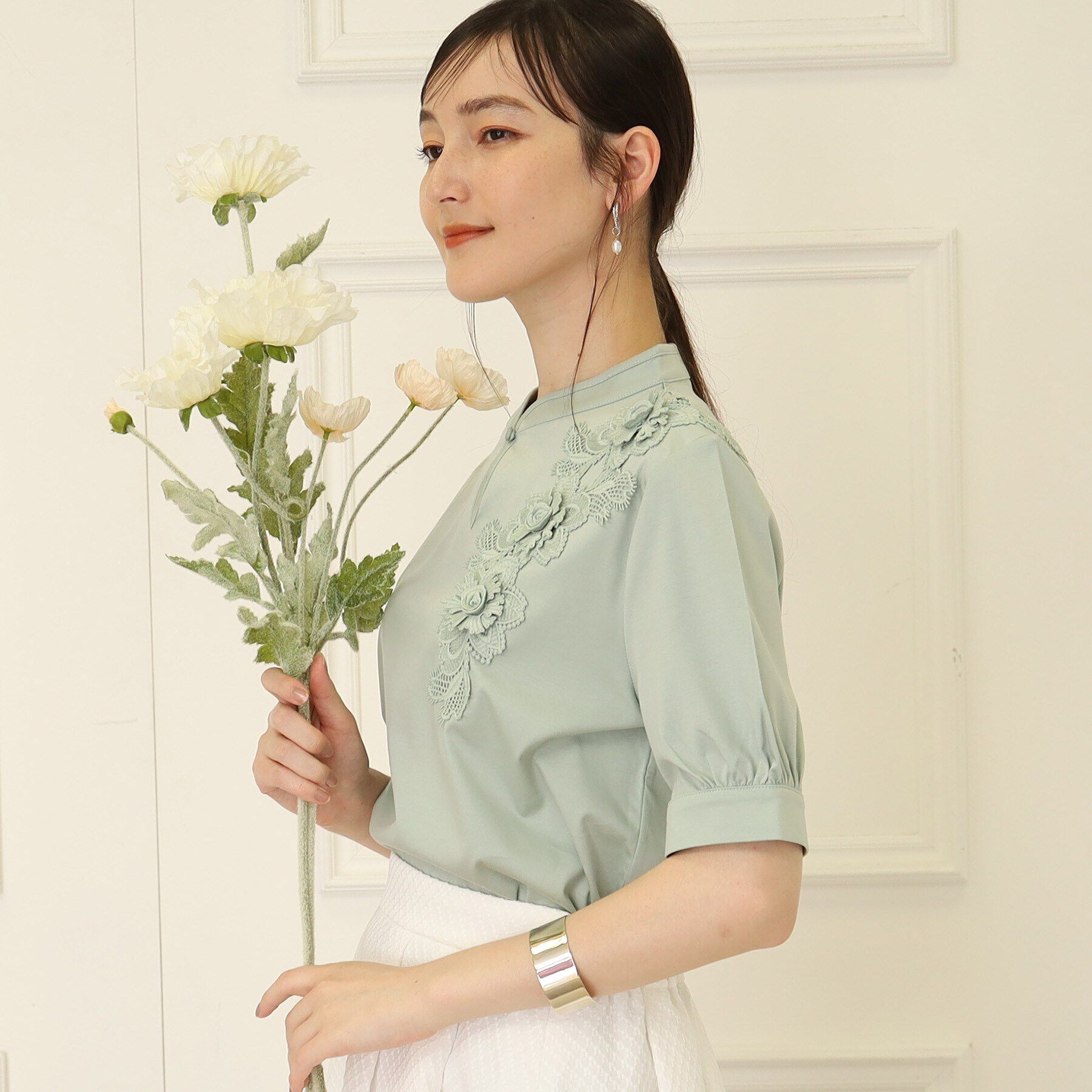 SunaUna「【新色ネイビー追加／チャイナカラー】5分袖カットソー」|Tシャツ・カットソー|