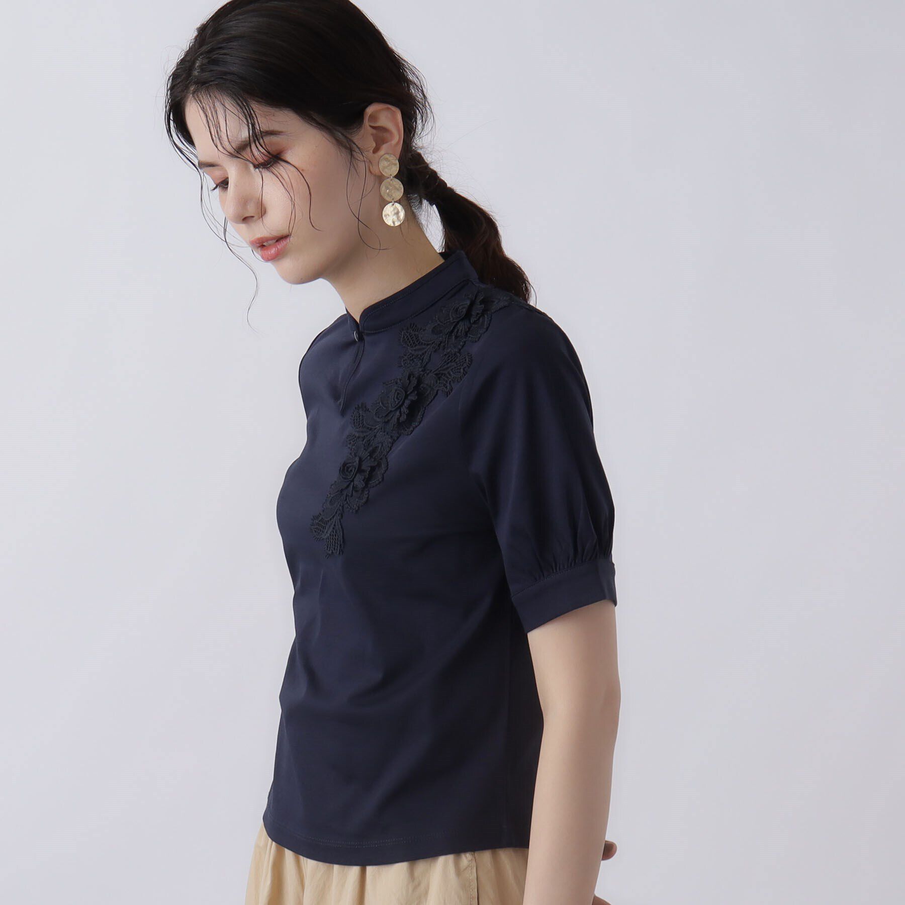 SunaUna「【新色ネイビー追加／チャイナカラー】5分袖カットソー」|Tシャツ・カットソー|