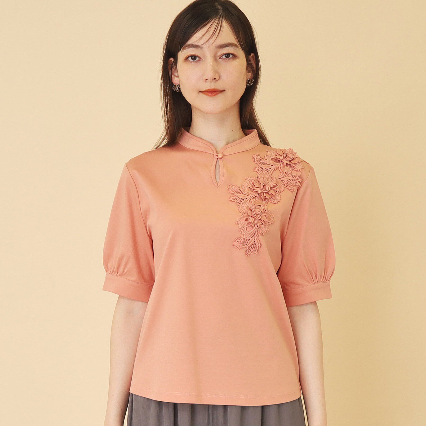 SunaUna「【新色ネイビー追加／チャイナカラー】5分袖カットソー」|Tシャツ・カットソー|