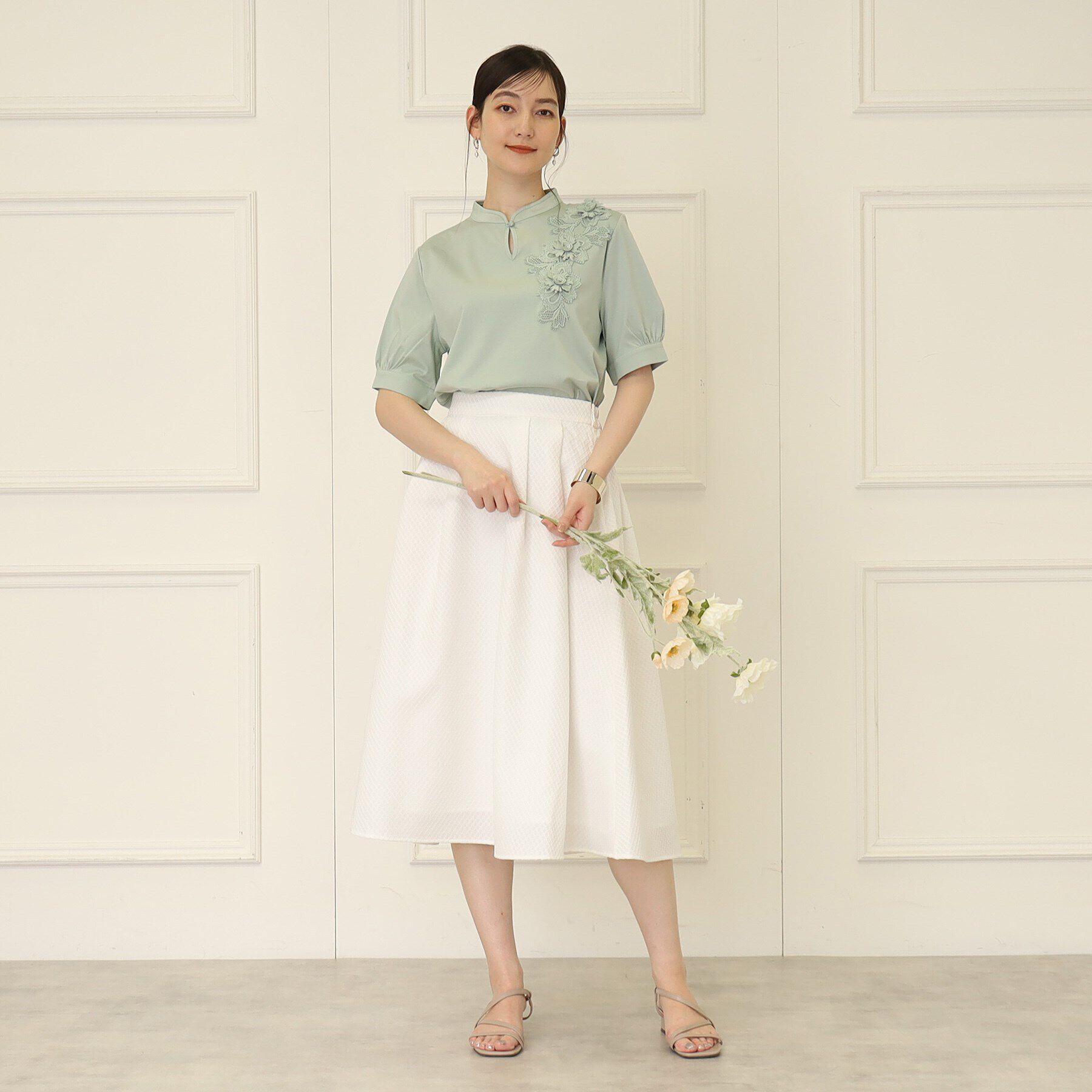 SunaUna「【新色ネイビー追加／チャイナカラー】5分袖カットソー」|Tシャツ・カットソー|