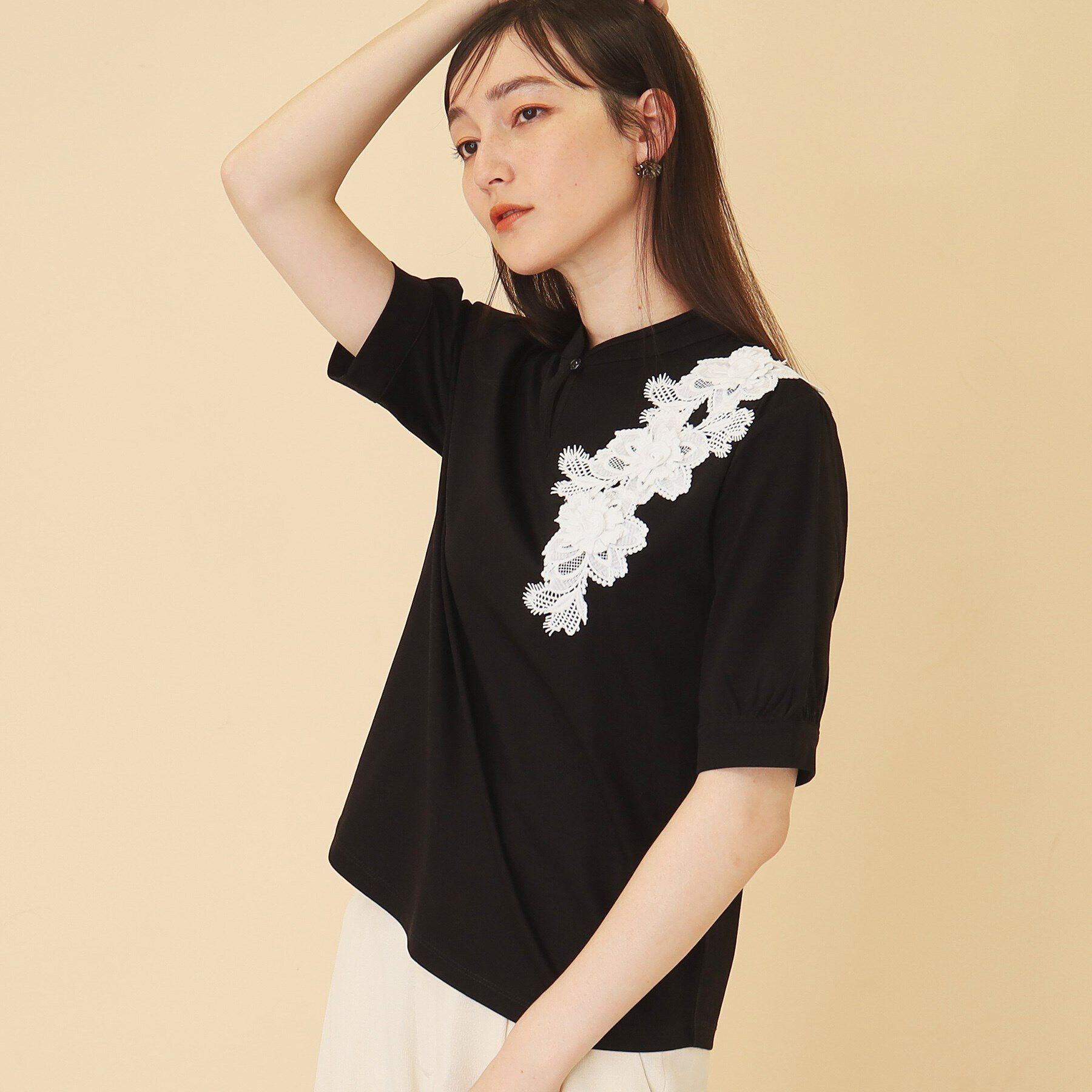 SunaUna「【新色ネイビー追加／チャイナカラー】5分袖カットソー」|Tシャツ・カットソー|