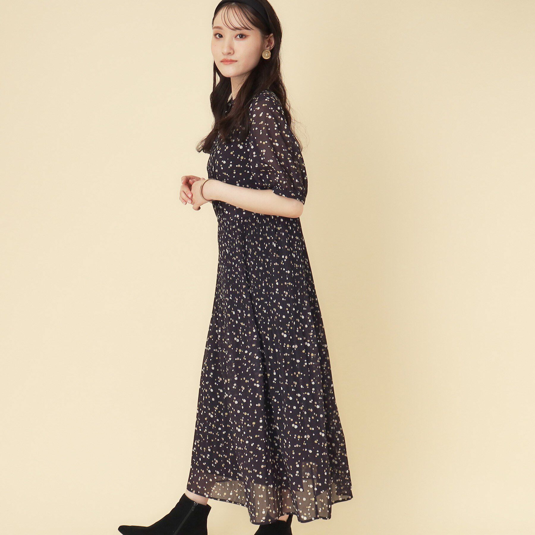 SunaUna「【ドット柄／ポリエステル】シフォンプリーツワンピース」|ワンピース|ﾌﾞﾗｯｸ(119)