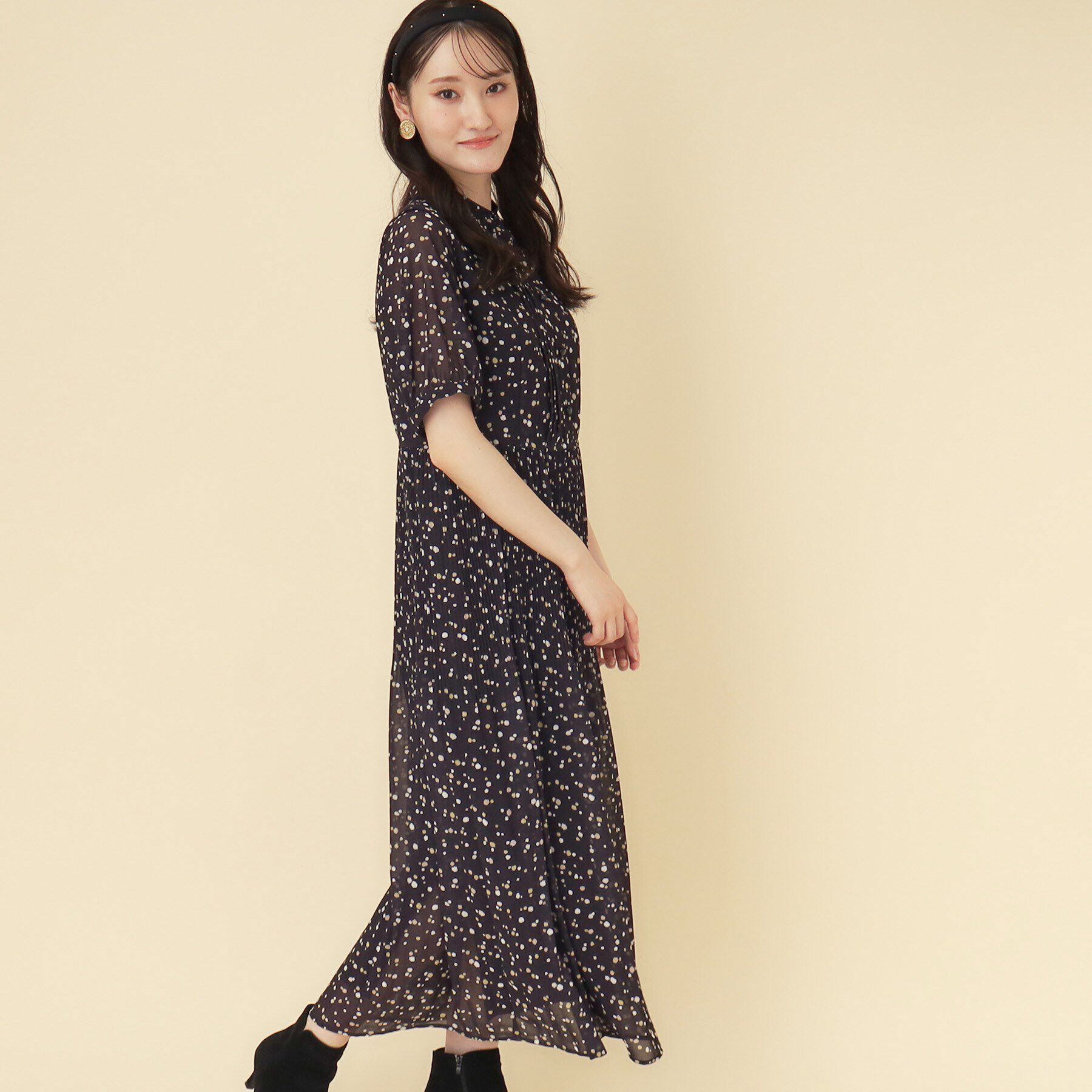 SunaUna「【ドット柄／ポリエステル】シフォンプリーツワンピース」|ワンピース|