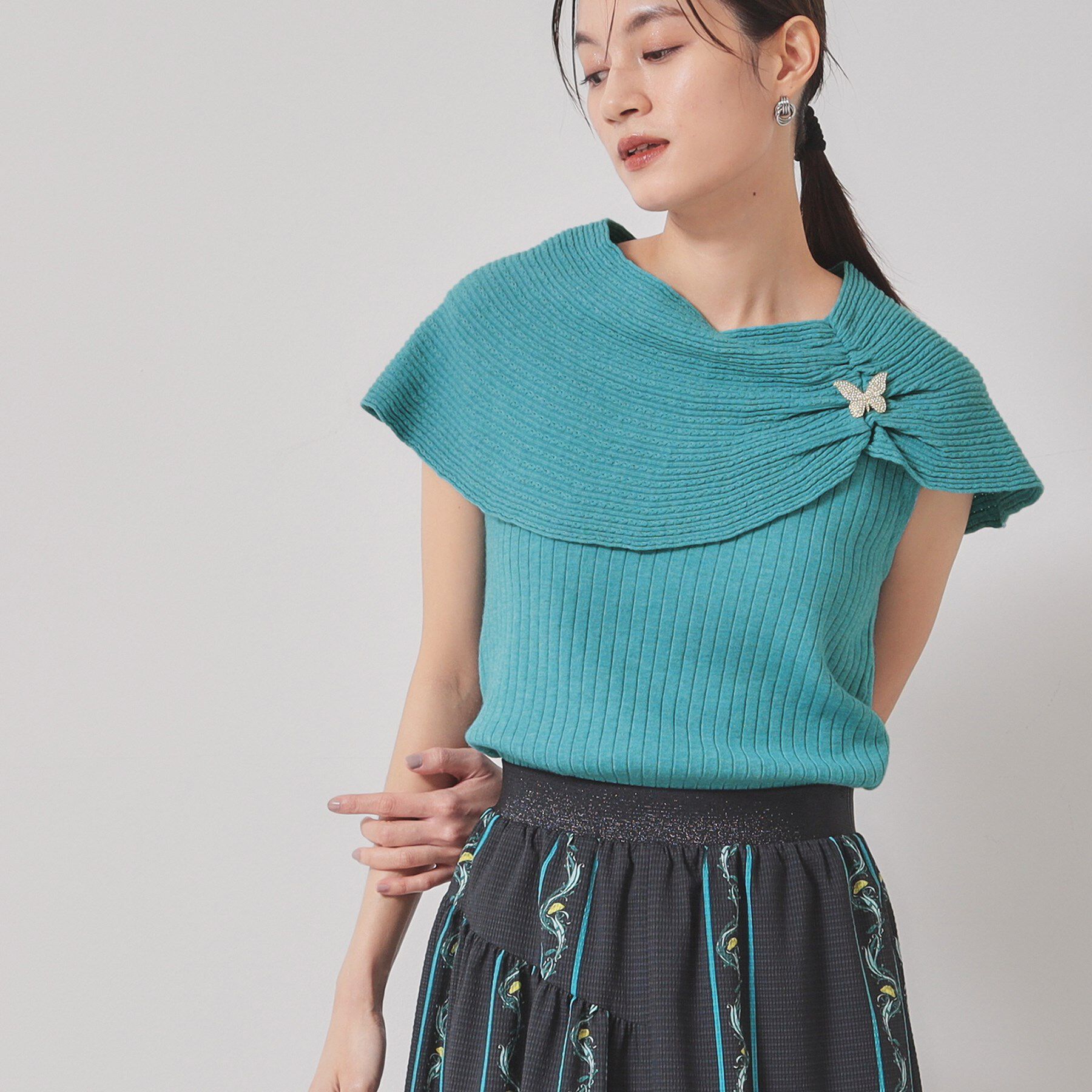 SunaUna「【2WAY／ケープ付き】フレンチスリーブニット」|ニット・セーター|ブルー(092)