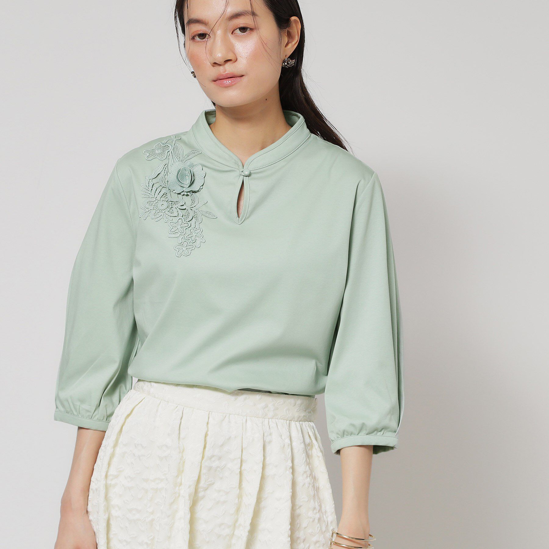 SunaUna「【レース／チャイナカラー】七分袖プルオーバー」|Tシャツ・カットソー|ミントグリーン(02
