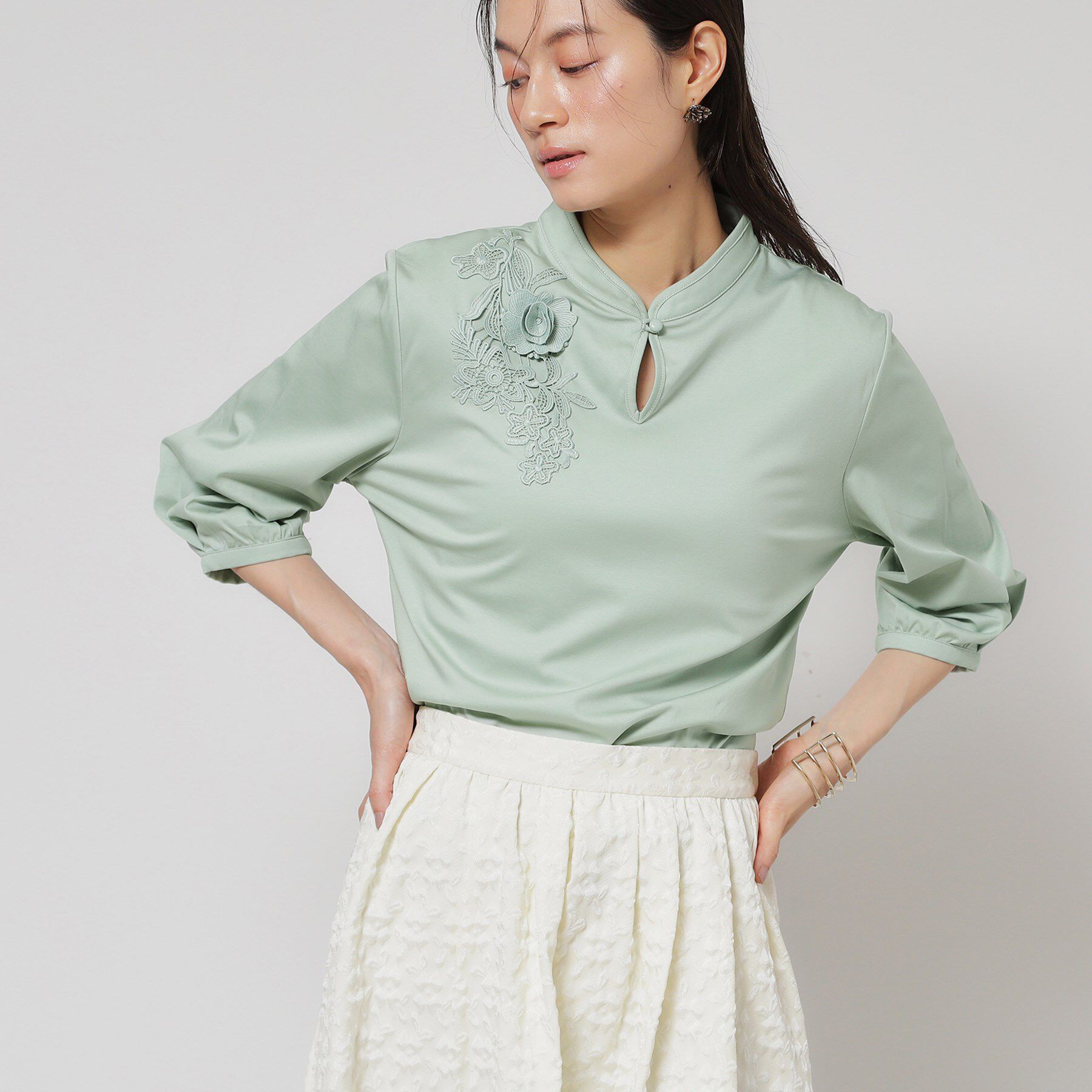 SunaUna「【レース／チャイナカラー】七分袖プルオーバー」|Tシャツ・カットソー|