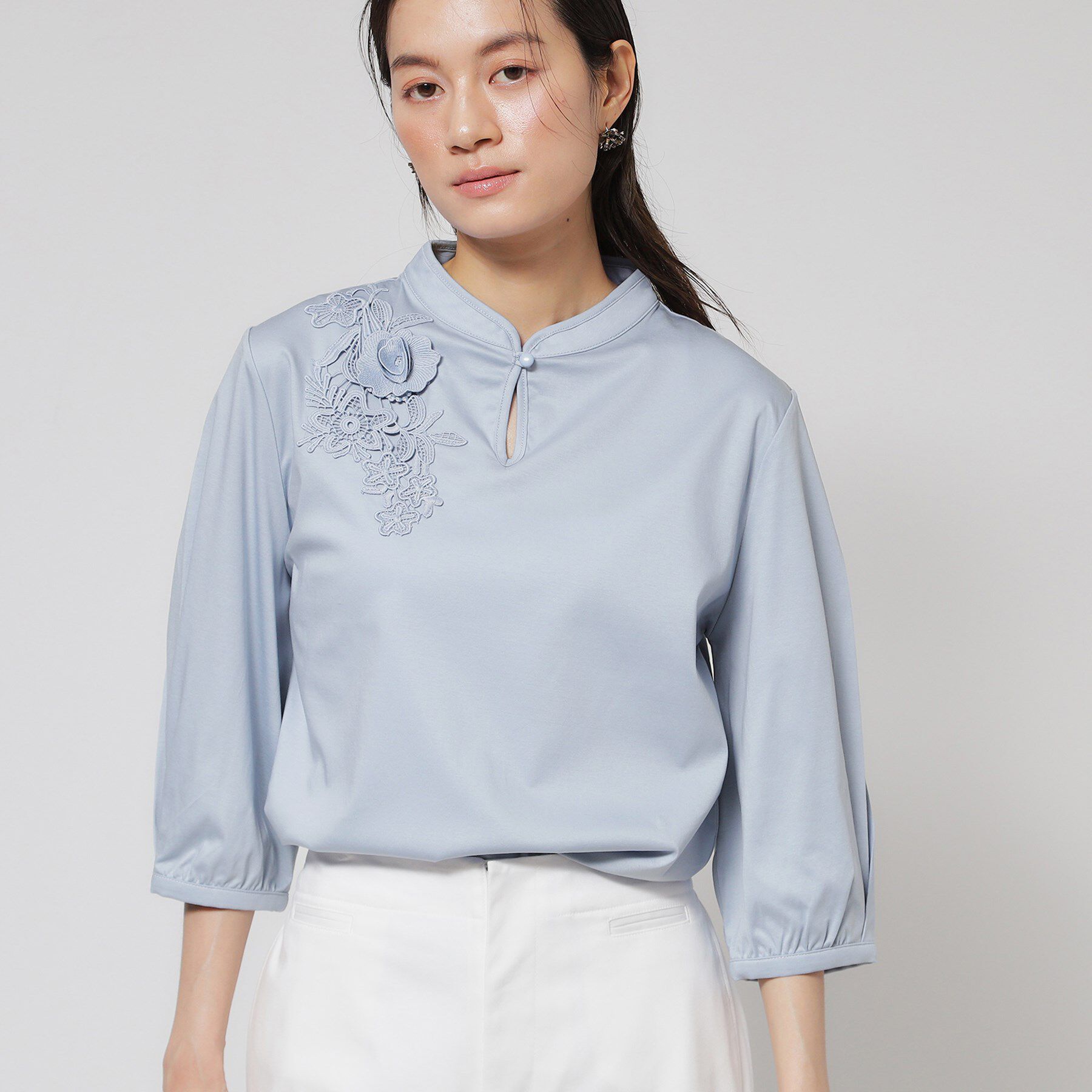 SunaUna「【レース／チャイナカラー】七分袖プルオーバー」|Tシャツ・カットソー|