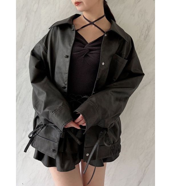 dazzlin「【SETUP】カフスリボンフェイクレザージャケット※セットアップ対応」|ブルゾン・スタジャン|ダークブラウン