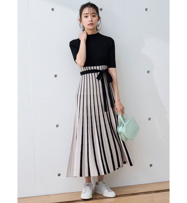 MERCURYDUO「配色チェンジリブ五分袖ニットワンピース」|ワンピース|