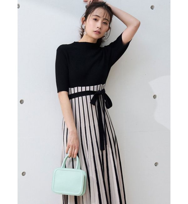 MERCURYDUO「配色チェンジリブ五分袖ニットワンピース」|ワンピース|