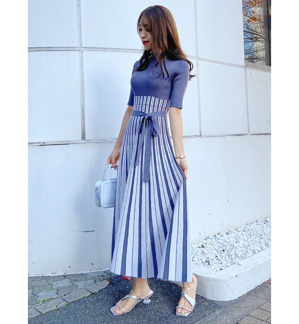 MERCURYDUO「配色チェンジリブ五分袖ニットワンピース」|ワンピース|