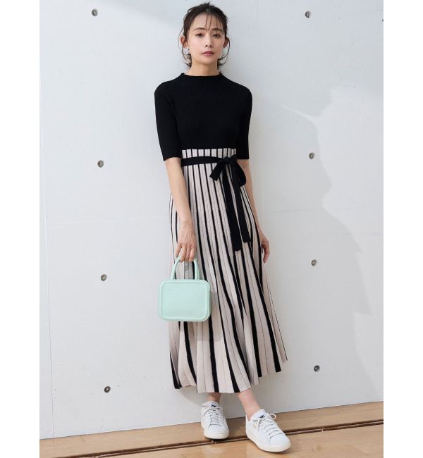 MERCURYDUO「配色チェンジリブ五分袖ニットワンピース」|ワンピース|