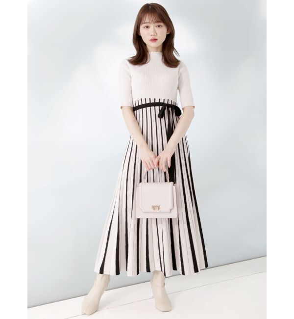 MERCURYDUO「配色チェンジリブ五分袖ニットワンピース」|ワンピース|