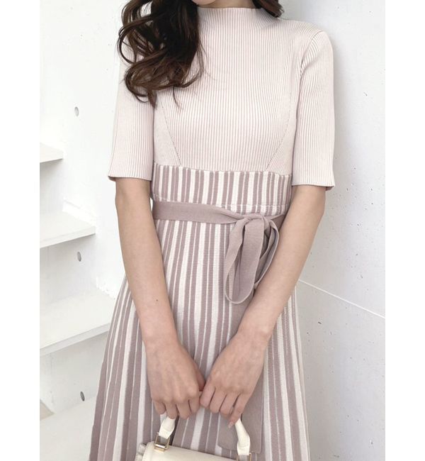 MERCURYDUO「配色チェンジリブ五分袖ニットワンピース」|ワンピース|