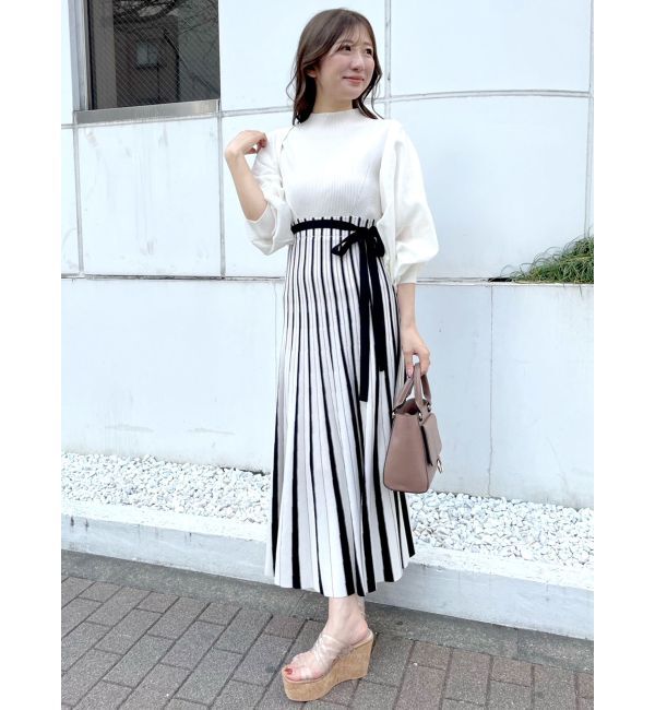 MERCURYDUO「配色チェンジリブ五分袖ニットワンピース」|ワンピース|