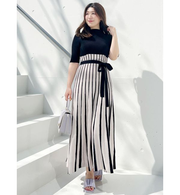 MERCURYDUO「配色チェンジリブ五分袖ニットワンピース」|ワンピース|