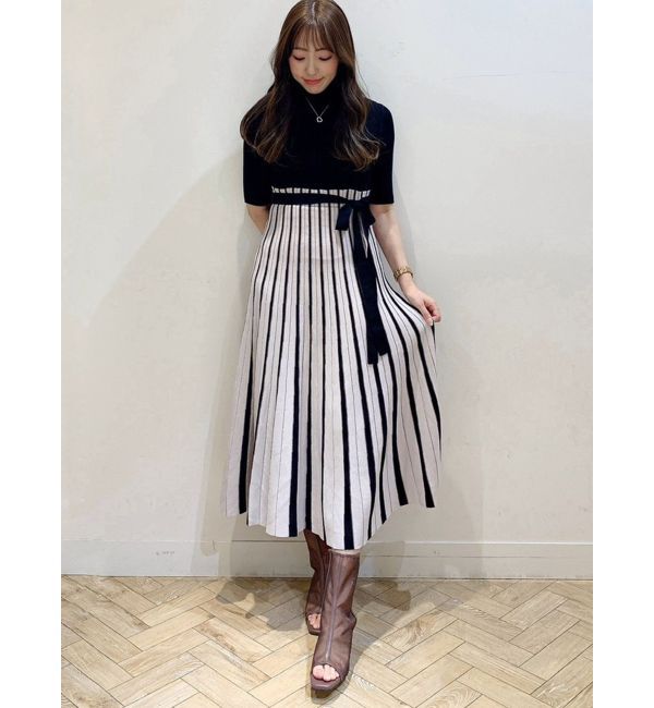 MERCURYDUO「配色チェンジリブ五分袖ニットワンピース」|ワンピース|