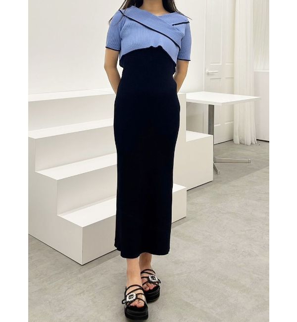MERCURYDUO「ショートトップスセット配色ニットワンピース」|ワンピース|ネイビー