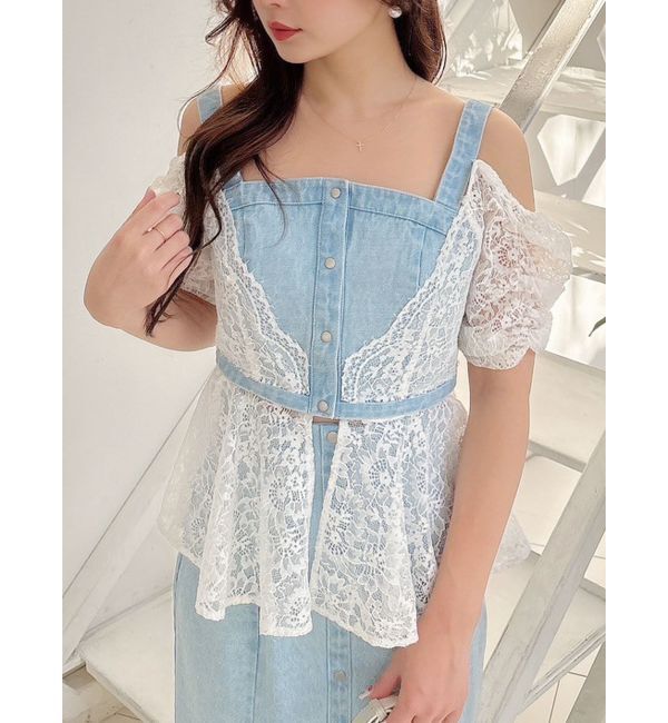 MERCURYDUO「レースレイヤードデニムトップス」|シャツ・ブラウス|アイスブルー