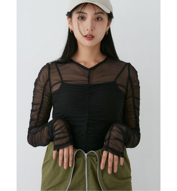 MURUA「シャーリングチュールトップス」|Tシャツ・カットソー|ブラック