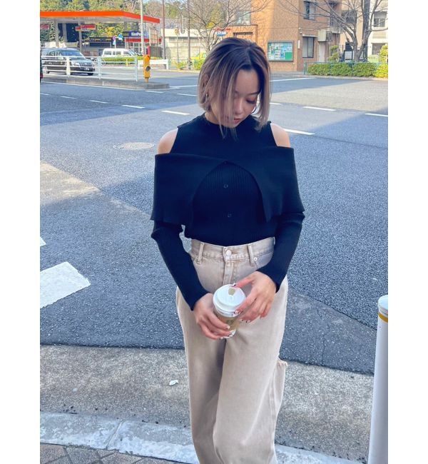 EVRIS「レイヤードオープンショルダーニットトップス」|ニット・セーター|