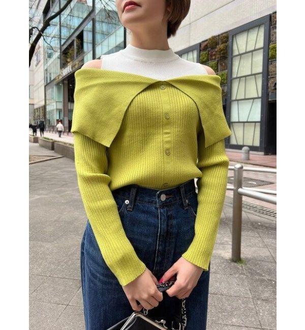 EVRIS「レイヤードオープンショルダーニットトップス」|ニット・セーター|グリーン