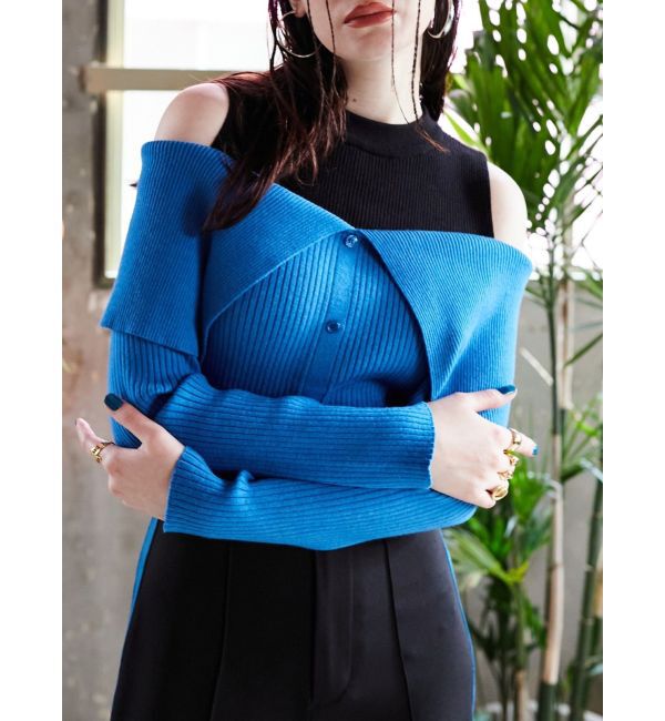 EVRIS「レイヤードオープンショルダーニットトップス」|ニット・セーター|ブルー