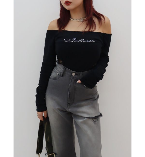 EVRIS「ラインストーンロゴオフショルボディースーツ」|Tシャツ・カットソー|