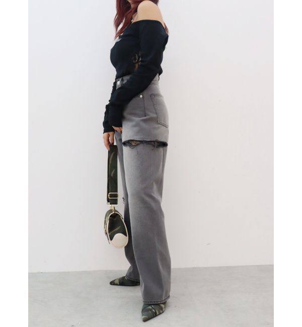 EVRIS「ラインストーンロゴオフショルボディースーツ」|Tシャツ・カットソー|