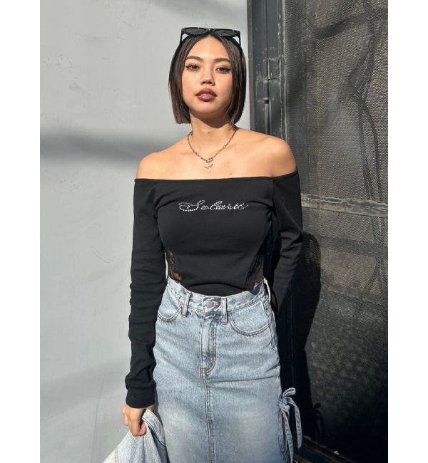 EVRIS「ラインストーンロゴオフショルボディースーツ」|Tシャツ・カットソー|