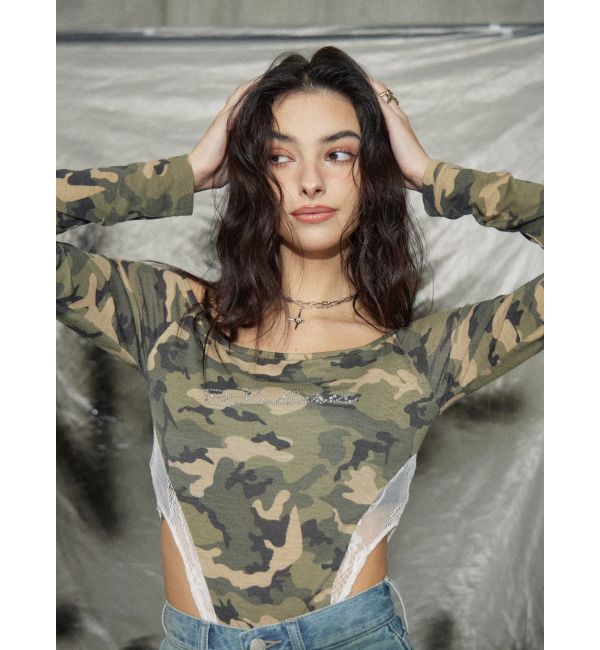 EVRIS「ラインストーンロゴオフショルボディースーツ」|Tシャツ・カットソー|