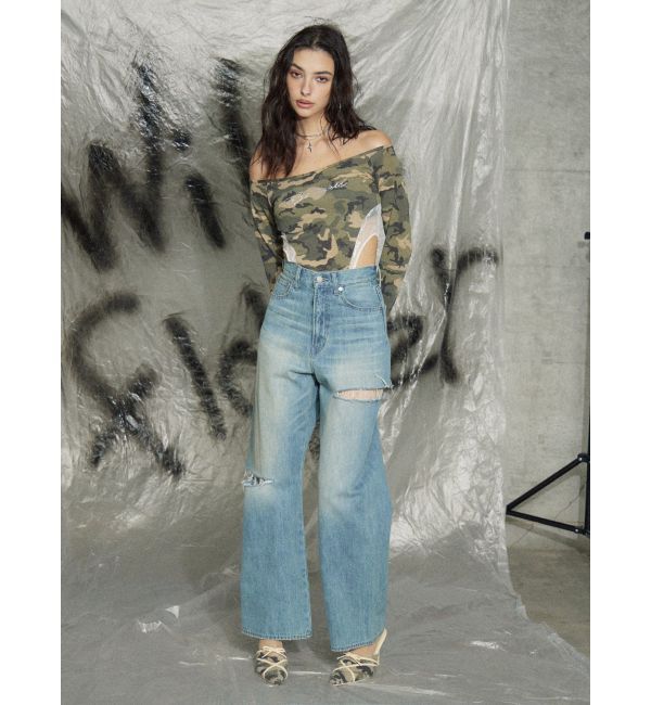 EVRIS「ラインストーンロゴオフショルボディースーツ」|Tシャツ・カットソー|