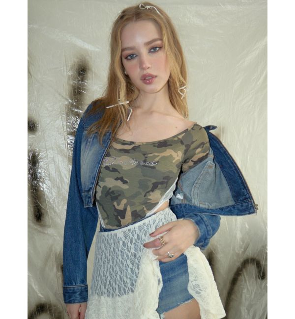 EVRIS「ラインストーンロゴオフショルボディースーツ」|Tシャツ・カットソー|