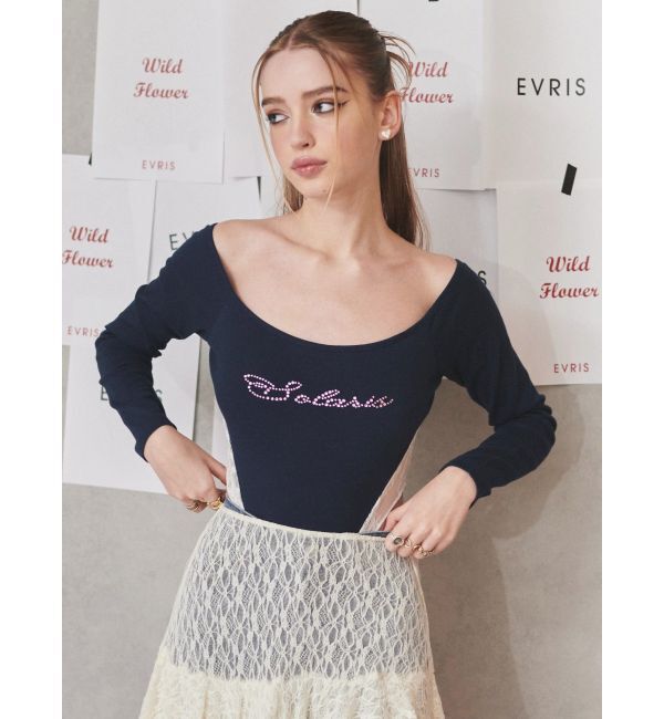 EVRIS「ラインストーンロゴオフショルボディースーツ」|Tシャツ・カットソー|