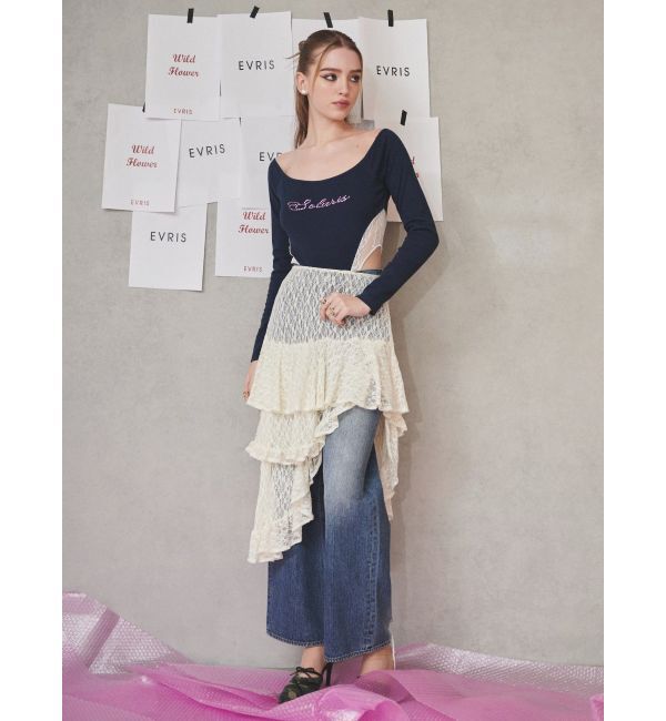 EVRIS「ラインストーンロゴオフショルボディースーツ」|Tシャツ・カットソー|