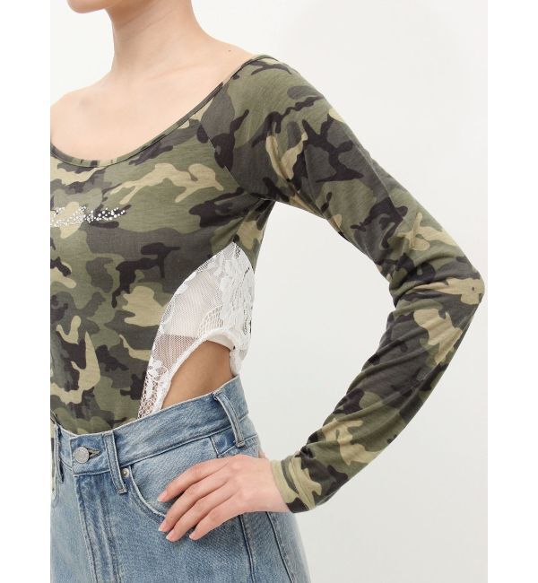 EVRIS「ラインストーンロゴオフショルボディースーツ」|Tシャツ・カットソー|