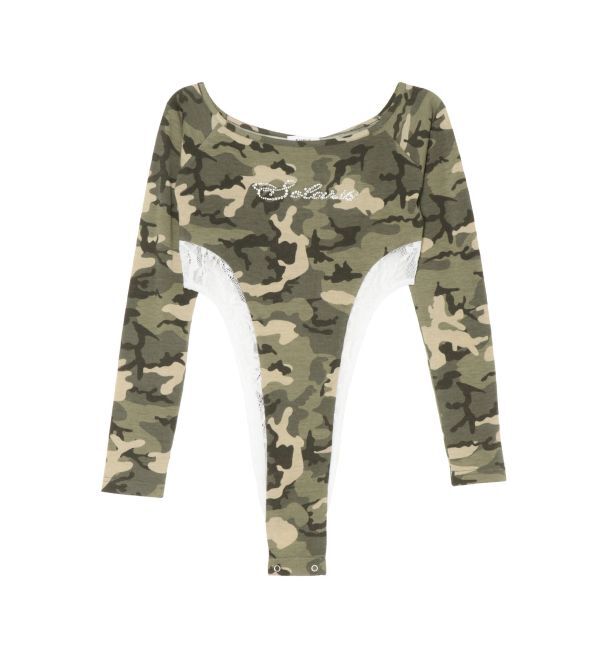 EVRIS「ラインストーンロゴオフショルボディースーツ」|Tシャツ・カットソー|