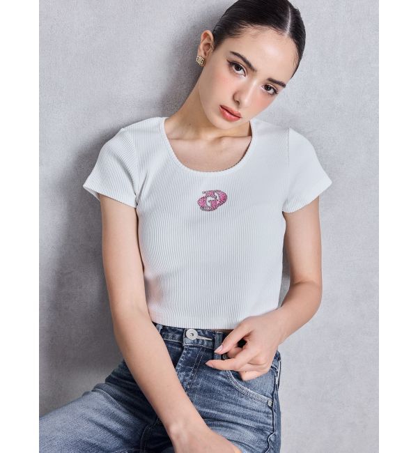 GYDA「ハーフスリーブGDロゴラインストーンテレコトップス」|Tシャツ・カットソー|